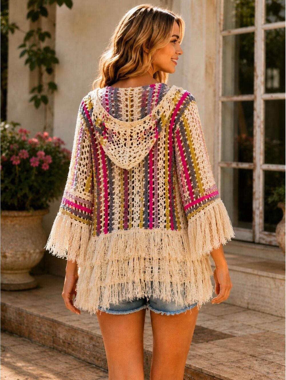 POL Hooded Crochet Fringe Cardigan Boho Open Knit Sweater Small Pink Stripe